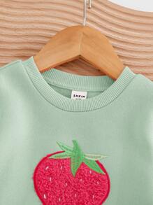 SHEIN LMoss Kids LMoss Baby Girl Cute Versatile Green Cartoon Embroidered Plush Strawberry Pattern Long Sleeve Sweatshirt & Elastic Waist Leggings Set, Autumn/Winter - Green - View 5