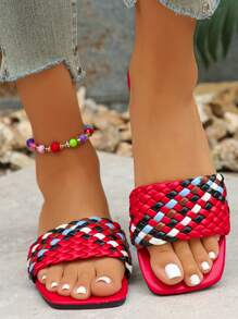 Assorted Color Braided Pattern Asymmetrical Flat Square Toe Comfortable Versatile Fashion Slide Sandals, Suitable For Teenagers - Red - View 5