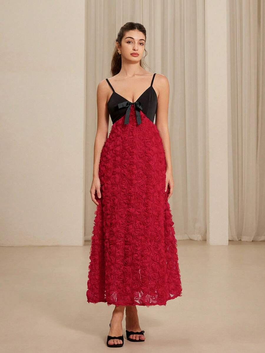 Aveloria Rosie French Elegant Romantic Floral Decor Sleeveless Contrast Color Paneled Maxi Layered Hem Dress For Women, Suitable For Spring/Summer, Valentine's Day - Red - View 1