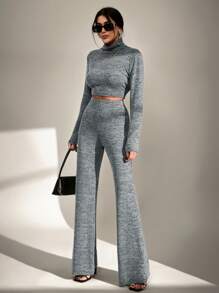 RueChic Comfortable Pitted Knit Backless Lace-Up Flared Two-Piece Set - Grey - View 8