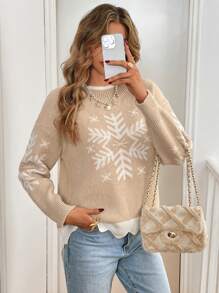 SHEIN Frenchy 女士圣诞撞色雪花图案长袖保暖拉绒针织毛衣，秋冬季，波浪形滚边撞色下摆，感恩节、圣诞节毛衣，家庭装，休闲服饰 - 杏色 - 查看 3