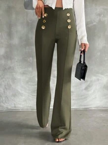 SHEIN Tall Pantalones decorativos de doble botonadura y cintura acampanada talla grande - Verde militar - Ver 4