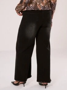 MUSERA Plus Size Raw Hem Washed Jeans For Everyday, Break, Casual, Y2K, 2000'S Style, Streetwear, Street Style , Holiday - Black - View 4