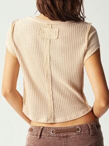 Bohemela Boho Casual Solid Color Knit Round Neck Short Sleeve Fitted Women T-Shirt