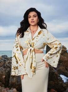 SHEIN VCAY Plus Size Women's Holiday Woven Bell-Sleeve Top With Front Tie Hem, Cropped Shirt - Gold - View 5