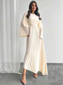 Firerie New Year Valentine's Day Women's Solid Color Round Neck Flare Sleeve Pleated Asymmetric Hem Elegant Dress