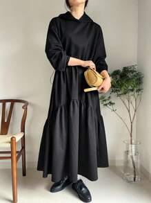 FRIFUL Women's Casual Solid Color Drawstring Waist Hooded Long Dress For Autumn,Fall Women Clothes Long Sleeve Dress - Black - View 3