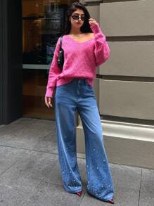 Forever 21 Fall & Winter Pink Women Party Oversized Sweater Going Out Color Funny Business Casual Woman Y2k Clothes Street Wear Women Knitted Sweater