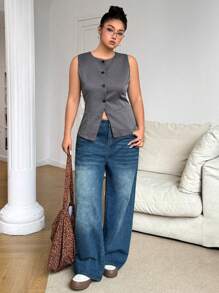 SHEIN EZwear 大码灰色无袖纽扣前背心外套 - 深灰色 - 查看 5