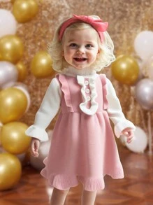 SHEIN Robe pull à col montant à manches longues avec volants et blocs de couleurs mignons pour bébé fille, robe en tricot élégante pour l'automne/l'hiver