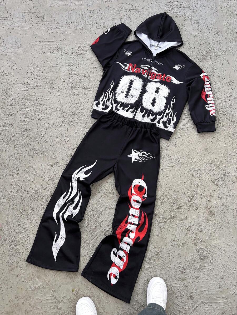 SHEIN 2pcs Teenager/Boy Casual Hooded Sweatshirt & Sweatpants Set - Multicolor - View 1