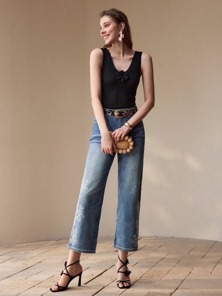 STEREO FLORAL RIBBED KNIT TOP,SPRING/SUMMER