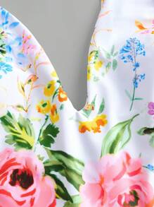 Swim Oasis Summer Vacation Deep V Neck Tummy Control Ruffle Hem One-Piece Swimsuit - Multicolor - View 5