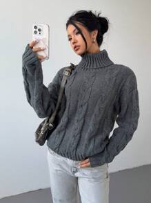 Aloruh 女士休闲优雅日常百搭灰色高领长袖粗针织毛衣，秋冬新品 - 灰色 - 查看 4
