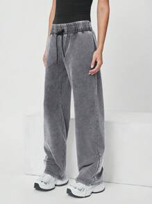 Muchica Women's Gray Marled Drawstring Waist Straight Leg Casual Knit Sweatpants - Grey - View 3