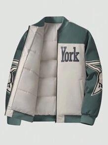 Manfinity Sporsity Plus Size Men's Solid Color Splice Front Zipper Long Sleeve Pocket Casual Padded Coat, Light Green Warm Vacation Letter Color Block Winter Coat, For Friends, Husband, Boyfriend Gifts