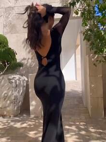 Women's Solid Color Mesh Patchwork Long Sleeve Slim Fit Dress - Black - View 2