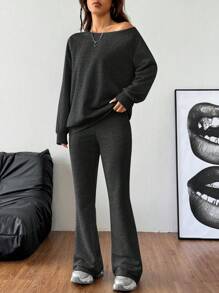 Coolane Women's Fall/Winter Basic Knit Plain Grey Baggy Off The Shoulder Asymmetrical Neck Long Sleeve Sweatshirt & Flare Pants Workout Set,Two Pieces Outfits - Dark Grey - View 4