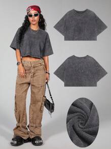 SHEIN Coolane Cotton Casual Short Sleeve Cropped T-Shirt - Grey - View 2