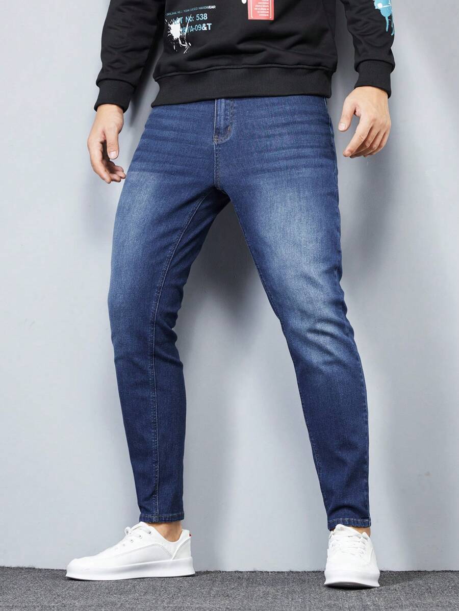 Manfinity Homme Men's Front Button Pocket Casual Denim Jeans, Everyday Wear - Dark Wash - View 1