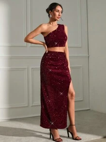 SHEIN Cottnline Sequined One-Shoulder Top With Side Draped Maxi Skirt Matching Set - Burgundy - View 4