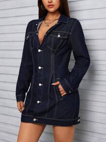 SHEIN Tall Women's Autumn Long Sleeve Single-Breasted Casual Denim Jacket