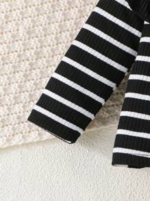 SHEIN Playful Pals 2pcs Baby Girl Autumn/Winter Cute Peter Pan Collar Striped Long Sleeve T-Shirt And Lace Ribbon Decor Pants Set, Casual And Comfortable For Outdoor - Black and White - View 6