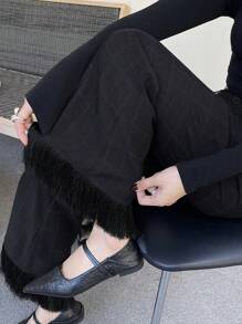 DAZY Women's Casual Plaid Fringe Hem Fitted Flare Pants Women Dress Pants