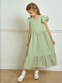 Wildeya Elegantes, minimalistisches Kleid für Tween Mädchen mit Jacquard-Textur und Volantärmeln, geeignet für Sommer und Frühling, für Ausflüge, Dates und Ferien