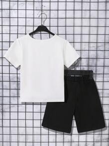 2pcs Young Boy Cartoon Bear Print Round Neck Short Sleeve T-Shirt And Shorts Casual Set