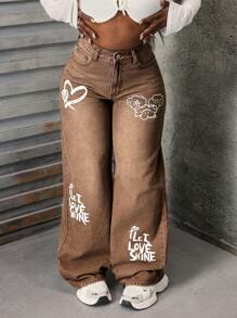 SHEIN Slayr Jeans de mujer de color café con estampado - Café integral - Ver 6