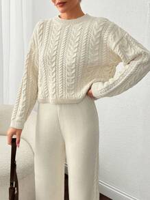 EURMUSE Women Round Neck Cable Knit Autumn/Winter Sweater And Sweater Pant 2 Two Piece Set - Cream - View 5