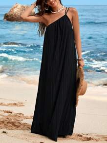 SHEIN VCAY Plus Size Women Vacation Solid Color Sleeveless Long Casual Dress Spring Outfits For Women Summer Clothes Rave Outfits Western Wear Women Boho Wedding Guest Dress Women Graduation Dress Beach Outfits Baggy Off The Shoulder High Waisted Backless Vacation Outfits Women Backless Dress Fairycore Tropical Plain - Black - View 6