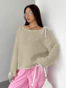 SHEIN Unity 休闲百搭撞色系带蝙蝠袖宽松针织套头衫秋冬毛衣 - 卡其色 - 查看 4