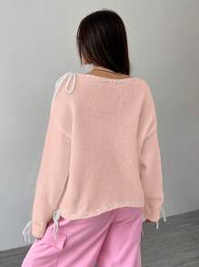 SHEIN MOOSTA Women Contrast Color Panel Lace-Up Long Sleeve Casual Knit Pullover Fall Winter Sweater - Baby Pink - View 2