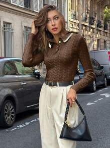 Pariaura Women's Slim Fit Collared Pullover Sweater, Collegiate Style Knit Pullover Fall Winter Sweater - Coffee Brown - View 4