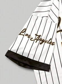 Aesthetic Post Men's Streetwear Academy INS Best-Selling T-Shirt.Men's Sports Oversized Print Loose Fit T-Shirt,Men's White Vertical Striped Short-Sleeved T-Shirt With A Black V-Neck Design And Eye-Catching "Los Angeles" Letters And "79" Number Prints. It Is Full Of Retro Baseball Style And Is Fashionable And Casual. - Multicolor - View 7