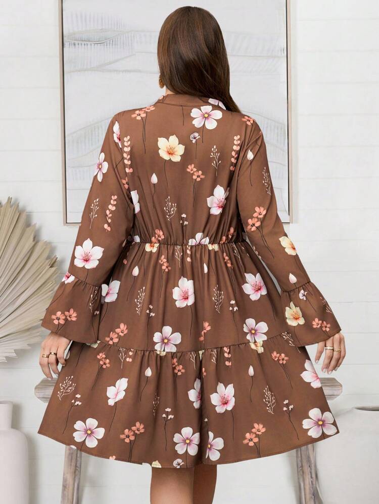Plus Size Casual Floral Print Flare Sleeve Dress,Vacation Wear,Spring,Boho Dress Women