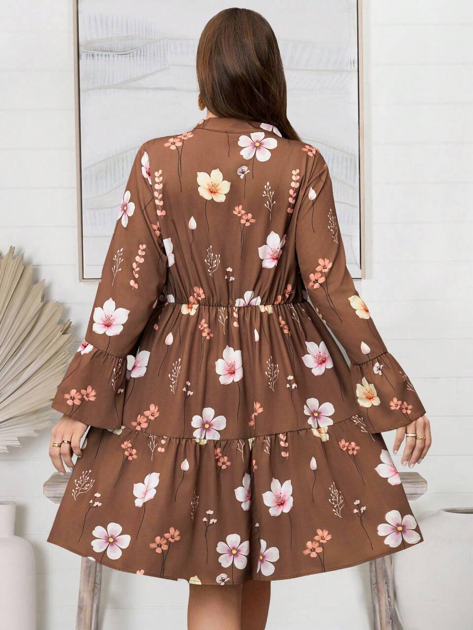 Plus Size Casual Floral Print Flare Sleeve Dress,Vacation Wear,Spring,Boho Dress Women