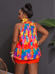 Slaydiva Spring & Summer Casual Resort Sleeveless Colourful Printed Tied Neck Blouse & Solid Orange Knit Slim Shorts, Plus Size 2 Pieces Set,Holiday Outfits