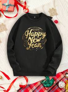 Manfinity Homme Fashionable 2025 New Year Letter Pattern Golden Effect Graphic Pullover Sweatshirt, Casual Couple Matching, Warm Lined Fleece Sweatshirts Suitable For Gift To Boyfriend, Plus Size - Black - View 3