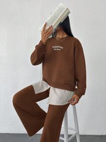 EURMUSE Cotton Fashionable Patchwork Sweatshirt & Sweatpants Set - Brown - View 3