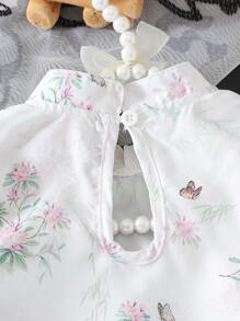 SHEIN Babygirl 春绿色优雅复古时尚数码印花柔软雪纺面料长袖立领分层荷叶边下摆汉服连衣裙适合派对 - 綠色 - 查看 3