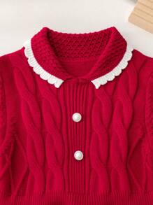 SHEIN 女童圣诞红色毛衣裙，时尚儿童针织公主裙，时尚翻领可爱高腰针织连衣裙，适合小女孩，秋季