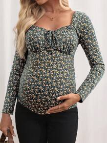 SHEIN Maternity Front Tie Long Sleeve All-Over Print Casual T-Shirt - Multicolor - View 4