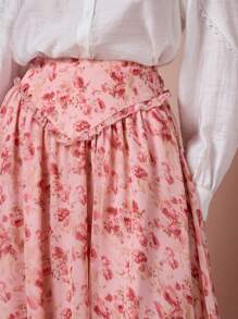 Enchnt Rose Pink Elegant Autumn Tea Party Women's Floral All-Over Print Ruffles Gathered A-Line Casual Skirt,For Valentine's Day& Dinner Dates,Spring - Pink - View 3