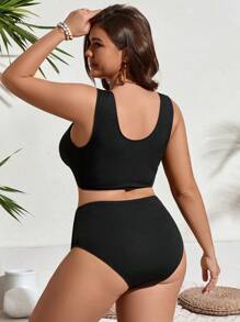 SHEIN Swim Curve Plus Size Women's High Waist Ruched Swimwear Set, Textured Fabric Summer - Black - View 2