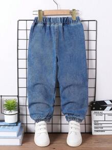 SHEIN Young Boy All-Match Casual Elastic Waist Loose Fit Comfortable Washed Jeans, 2025 New Arrival - Medium Wash - View 2