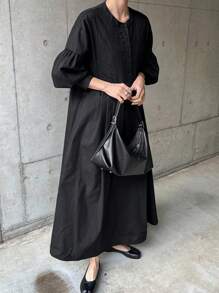 FRIFUL 女士纯色纽扣前开襟长袖休闲连衣裙，秋季连衣裙 - 黑色 - 查看 3