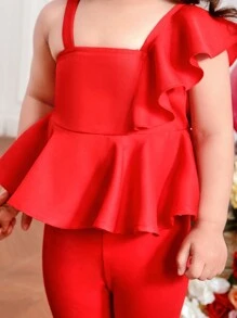 SHEIN Leap Crew 女婴休闲夏季纯色荷叶边吊带背心和松紧腰紧身裤套装，适合夏季 - 紅色 - 查看 3